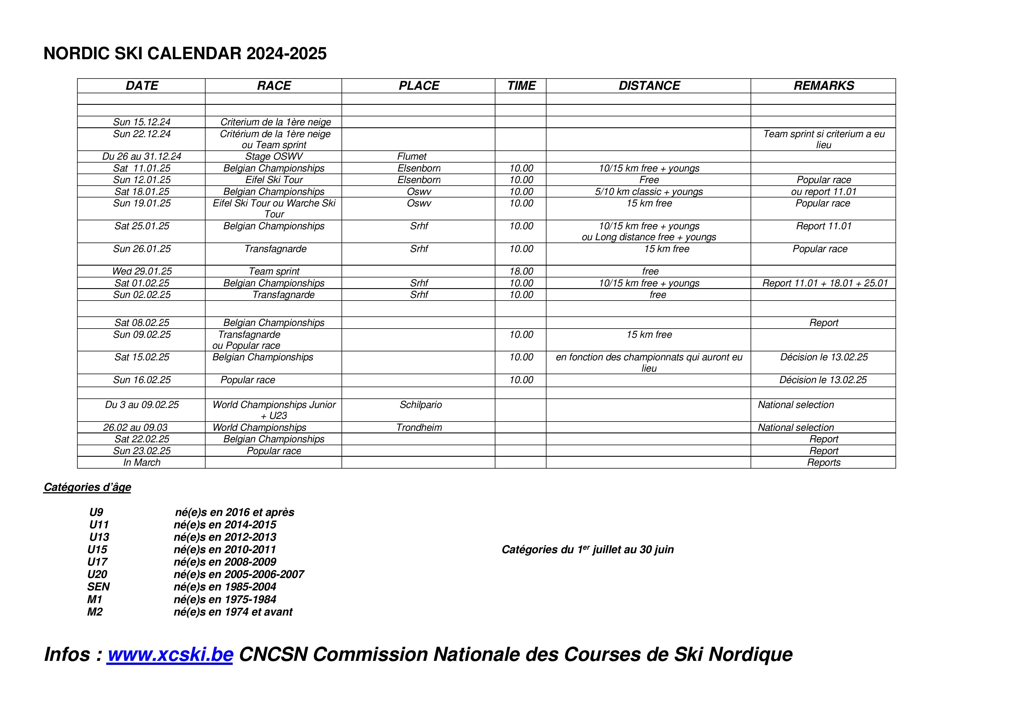 Calendrier Nordic Ski 2024-2025